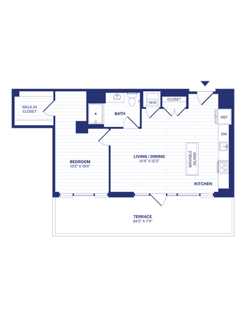Floor plan for 1 bed, 1 bath, 743 sqft