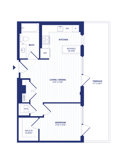 Floor plan for 1 bed, 1 bath, 625 sqft