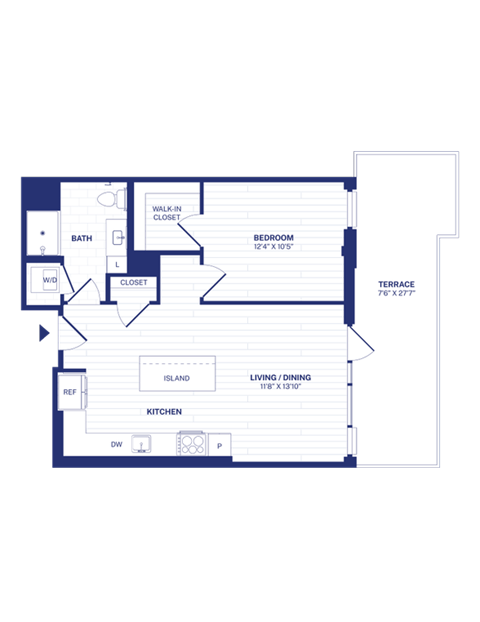 Floor plan for 1 bed, 1 bath, 697 sqft