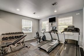 Snoqualmie apartment for rent - A well-equipped home gym with a treadmill, stationary bike, and dumbbells.