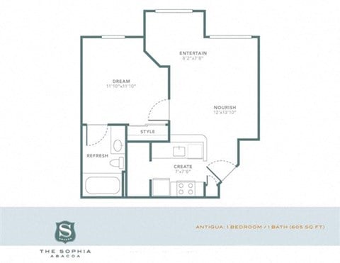 Floor plan for 1 bed, 1 bath, 605 sqft