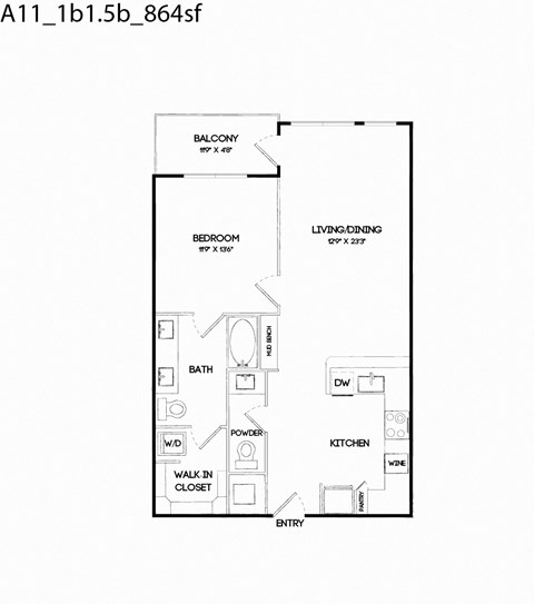 Floor plan for 1 bed, 1.5 baths, 864 sqft