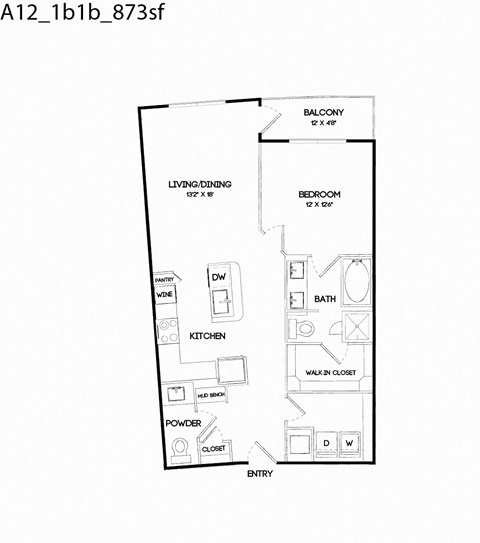 Floor plan for 1 bed, 1.5 baths, 873 sqft
