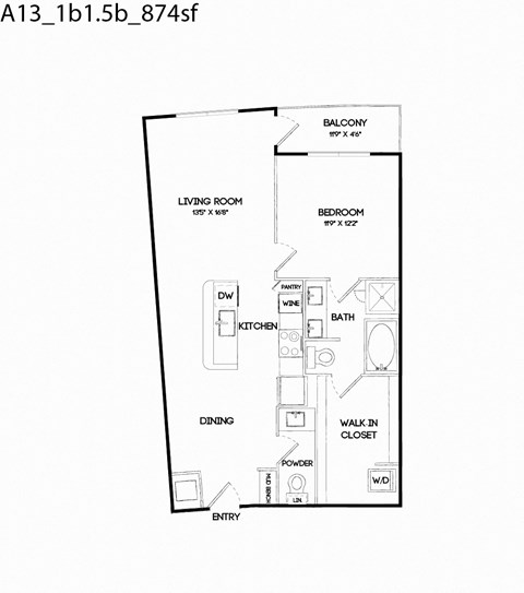 Floor plan for 1 bed, 1.5 baths, 874 sqft