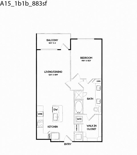 Floor plan for 1 bed, 1 bath, 883 sqft