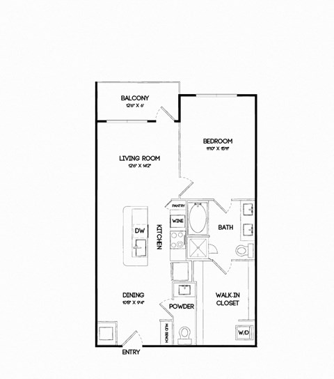 Floor plan for 1 bed, 1.5 baths, 887 sqft