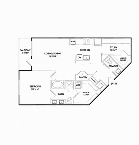 Floor plan for 1 bed, 1 bath, 999 sqft