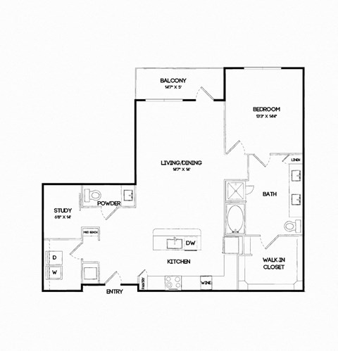 Floor plan for 1 bed, 1.5 baths, 1221 sqft
