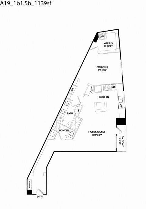 Floor plan for 1 bed, 1.5 baths, 1139 sqft