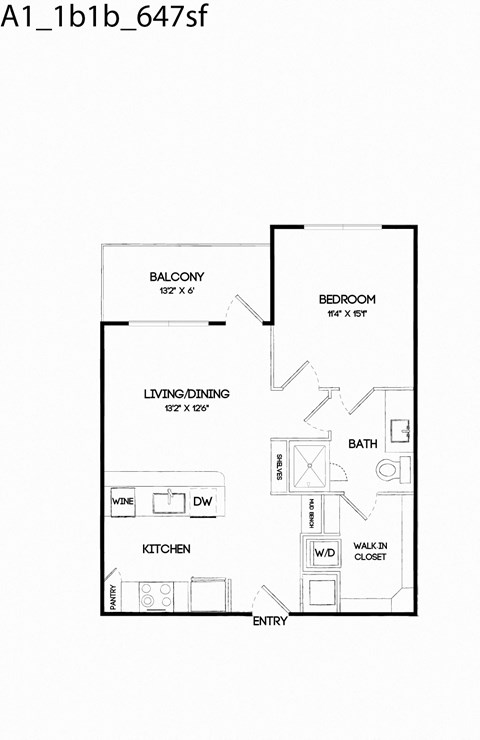 Floor plan for 1 bed, 1 bath, 647 sqft