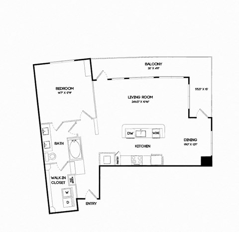 Floor plan for 1 bed, 1 bath, 1086 sqft