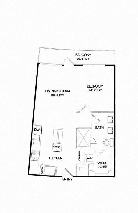 Floor plan for 1 bed, 1 bath, 687 sqft