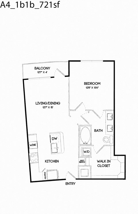 Floor plan for 1 bed, 1 bath, 721 sqft