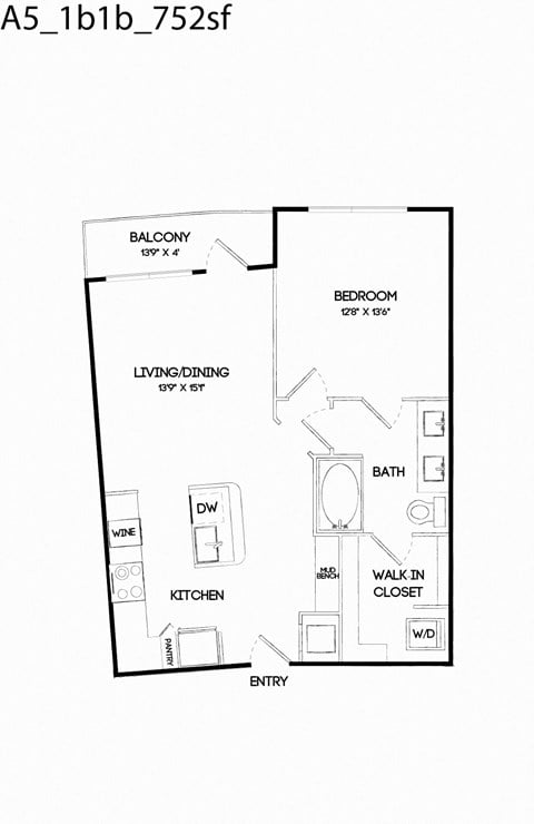 Floor plan for 1 bed, 1 bath, 752 sqft