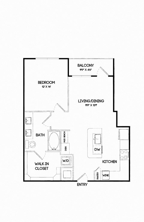 Floor plan for 1 bed, 1 bath, 772 sqft