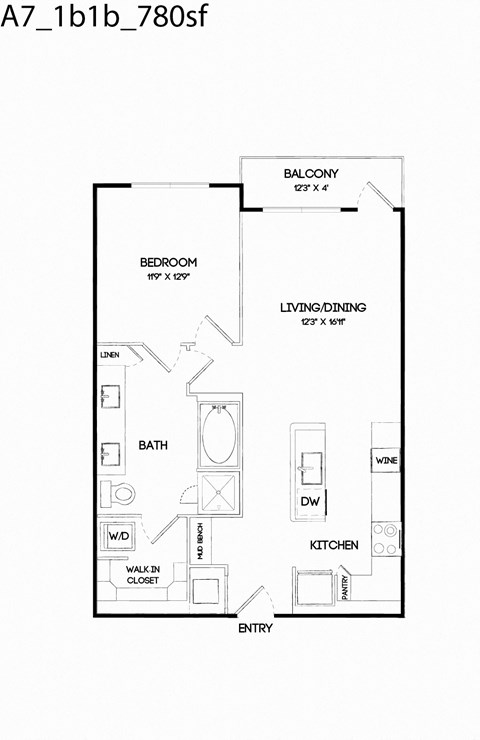 Floor plan for 1 bed, 1 bath, 780 sqft