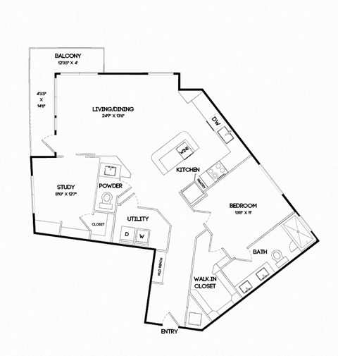 Floor plan for 1 bed, 1.5 baths, 1187 sqft