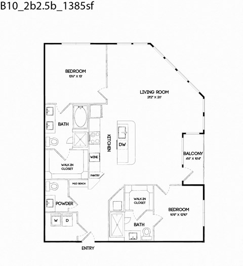 Floor plan for 2 beds, 2.5 baths, 1385 sqft