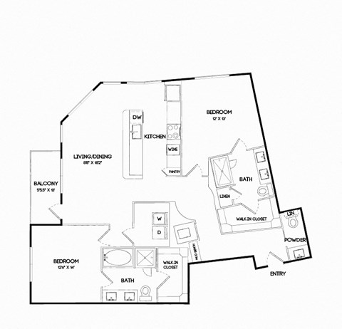 Floor plan for 2 beds, 2.5 baths, 1437 sqft