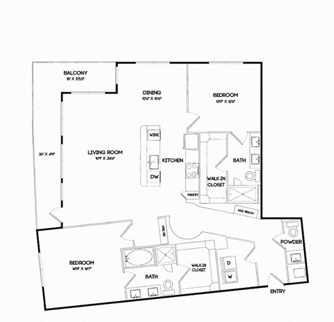Floor plan for 2 beds, 2.5 baths, 1617 sqft