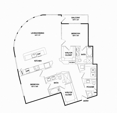 Floor plan for 2 beds, 2.5 baths, 1585 sqft