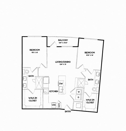 Floor plan for 2 beds, 2 baths, 1039 sqft