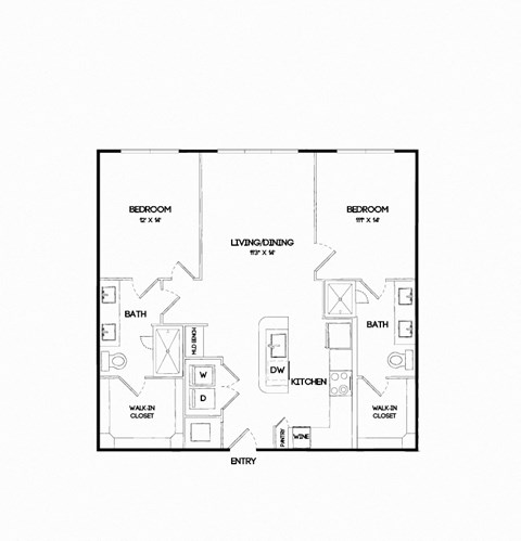 Floor plan for 2 beds, 2 baths, 1099 sqft