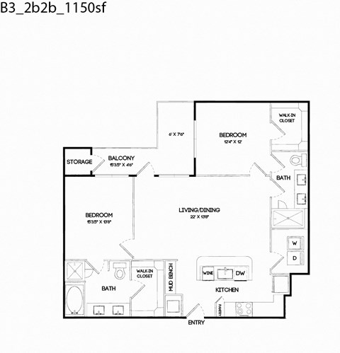 Floor plan for 2 beds, 2 baths, 1150 sqft