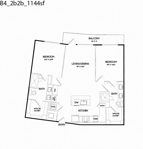 Floor plan for 2 beds, 2 baths, 1144 sqft