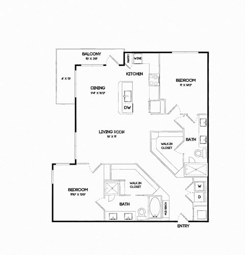 Floor plan for 2 beds, 2 baths, 1217 sqft