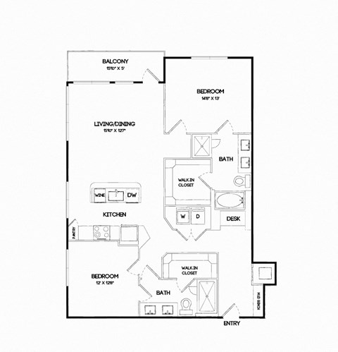 Floor plan for 2 beds, 2 baths, 1369 sqft