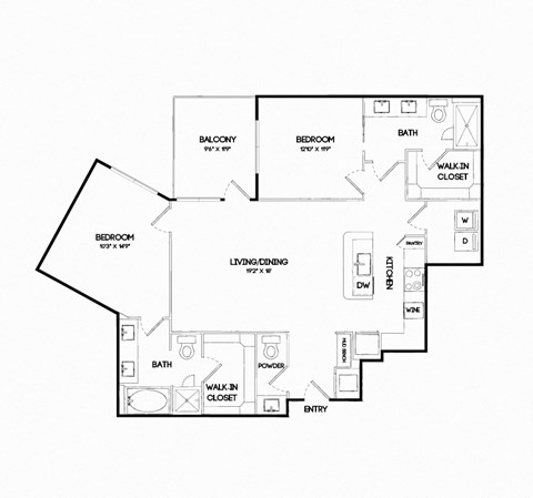 Floor plan for 2 beds, 2.5 baths, 1319 sqft