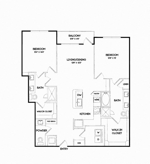 Floor plan for 2 beds, 2.5 baths, 1361 sqft