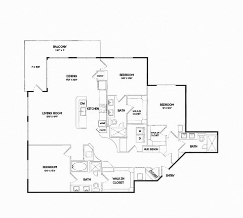Floor plan for 3 beds, 3 baths, 1949 sqft