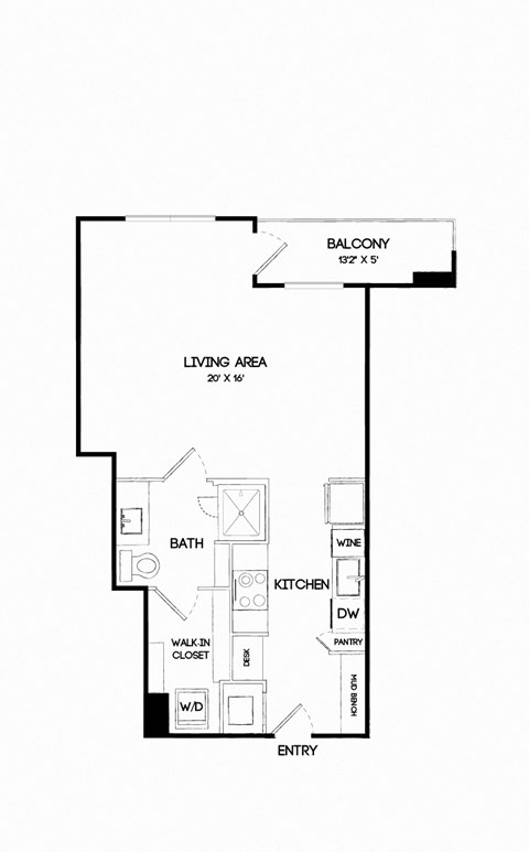 Floor plan for studio, 1 bath, 599 sqft