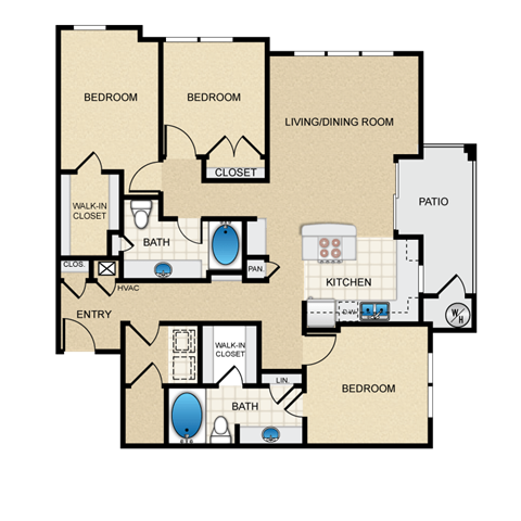 Floor plan for 3 beds, 2 baths, 1349 sqft