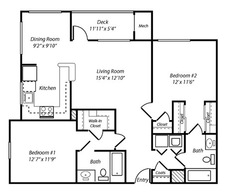 Floor plan for 2 beds, 2 baths, 1123 sqft