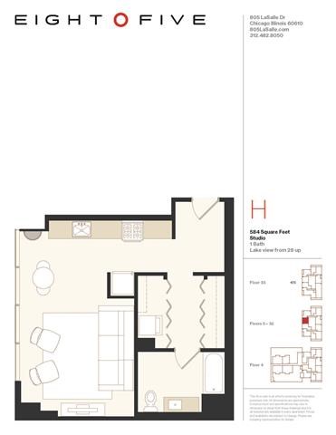 Floor plan for studio, 1 bath, 584 sqft