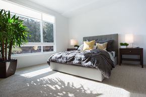 San Jose apartment for rent - A bedroom with a large bed and a potted plant.