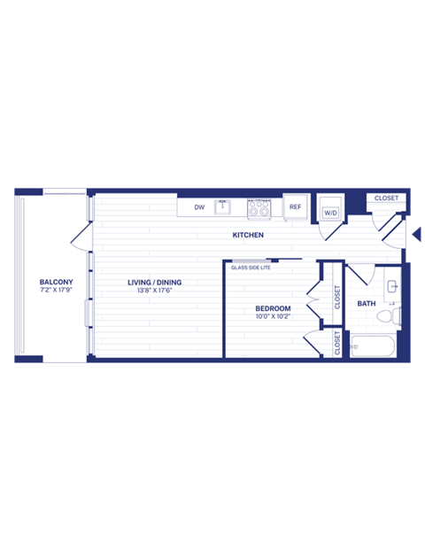 Floor plan for 1 bed, 1 bath, 613 sqft