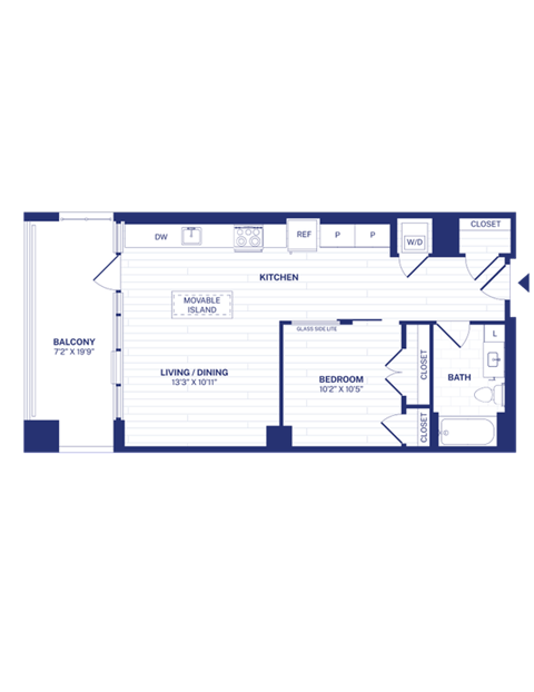Floor plan for 1 bed, 1 bath, 682 sqft