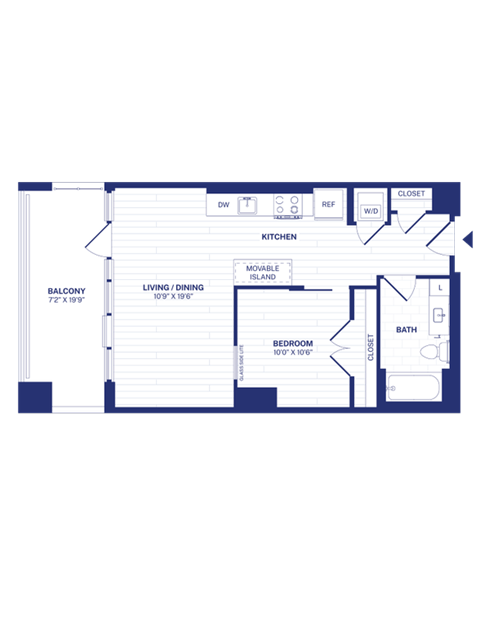 Floor plan for 1 bed, 1 bath, 627 sqft