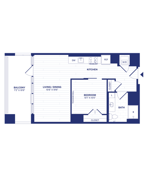 Floor plan for 1 bed, 1 bath, 627 sqft