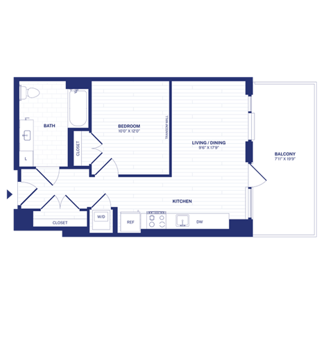 Floor plan for 1 bed, 1 bath, 606 sqft