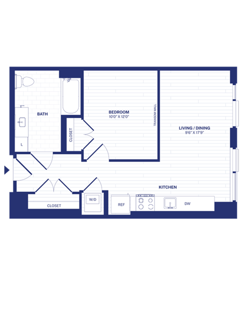 Floor plan for 1 bed, 1 bath, 611 sqft
