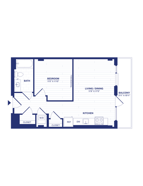 Floor plan for 1 bed, 1 bath, 606 sqft