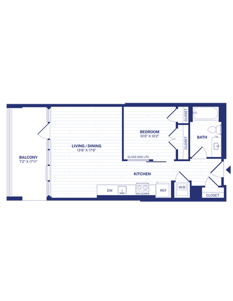 Floor plan for 1 bed, 1 bath, 613 sqft