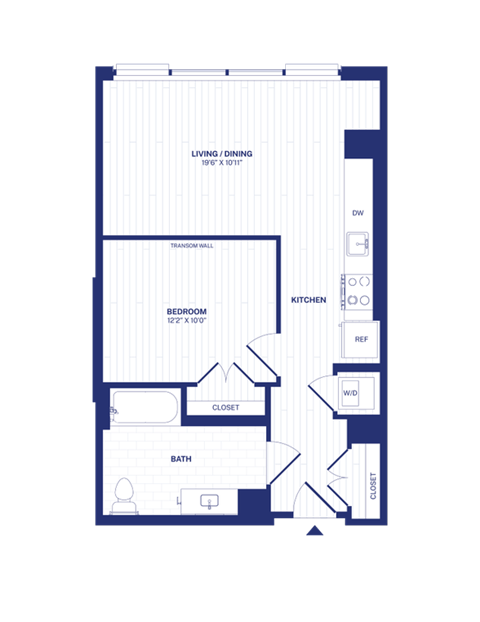Floor plan for 1 bed, 1 bath, 638 sqft