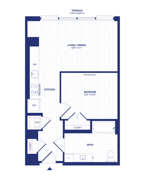 Floor plan for 1 bed, 1 bath, 637 sqft