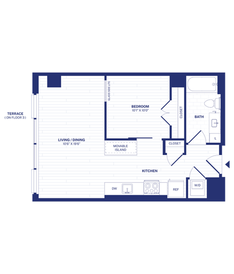 Floor plan for 1 bed, 1 bath, 524 sqft